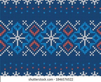 Christmas pattern. Knit seamless print. Vector. Blue knitted sweater texture. Xmas winter geometric background. Festive fair isle traditional ornament. Holiday crochet. Wool pullover illustration