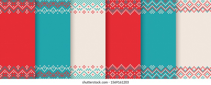 Christmas pattern. Knit Xmas seamless print. Vector. Knitted sweater texture with empty place for text. Festive winter red, white, blue background. Set holiday traditional ornament. Wool illustration