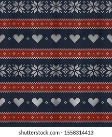Christmas pattern. Knitted horizontal stripes seamless texture in dark blue, red, and white with nordic snowflakes and romantic hearts for New Year winter scarf, hat, socks, or other fabrics.