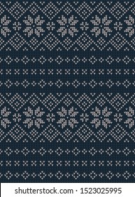 Christmas pattern. Knitted stripes seamless texture in blue and grey with nordic snowflakes for festive winter scarf, sweater, hat, mittens, socks, dress, or other modern textile design.