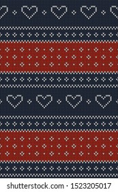 Christmas pattern. Knitted stripes seamless texture with hearts in dark blue, red, and white for festive winter scarf, top, hat, mittens, socks, or other modern holiday textile design.