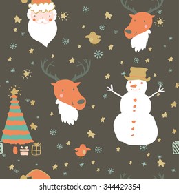 Christmas pattern for labels, sticker and decorations in vintage style. Vector illustration with cute Santa Claus, reindeer, tree and snowman.