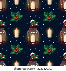 Christmas pattern with lantern, burning candle and holly on dark blue background