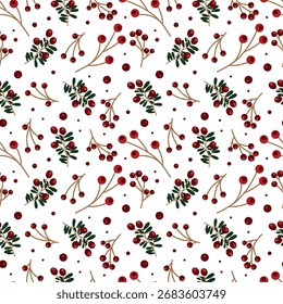 Weihnachtsmuster mit Blättern und Beeren. Weihnachtsbeeren, Äste. Weihnachtlicher Hintergrund.