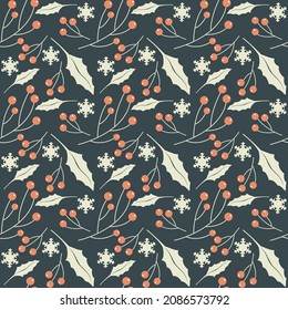 christmas pattern with leaves and berries on blue background 