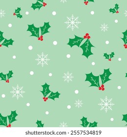 Christmas pattern with leaves and snowflakes, on a light background. A seamless background perfect for use on textiles, wallpapers and party decorations.