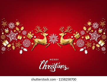 Christmas pattern with lettering and gold Xmas deer and snowflakes. Tree decoration. Happy New Year red background. Vector colorful template for greeting card.