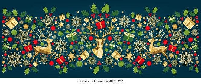 Christmas pattern with lettering and  golden, red, green, white  tree decoration. Happy New Year blue background. Gold Xmas deer and  snowflakes.  Vector colorful  template  for greeting  card.