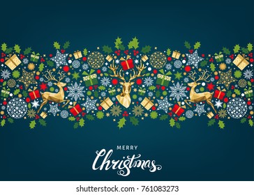 Christmas pattern with lettering and  golden, red, green, white  tree decoration. Happy New Year blue background. Gold Xmas deer and  snowflakes.  Vector colorful  template  for greeting  card.