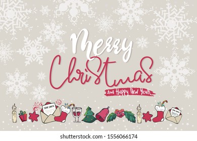 Christmas pattern with lettering , sock, letter, Xmas, snowflakes. Tree decoration. Merry Christmas, Happy New Year background. Vector colorful template for greeting card. hand drawing