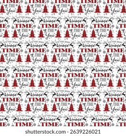 Christmas pattern with lettering, tree, reindeer and buffalo plaid