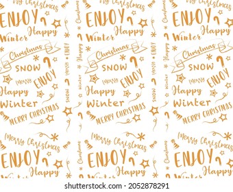 Christmas pattern with lettering and winter elements Christmas cane, Christmas hat, stars, Merry Christmas. Vector illustration of gift wrapping paper.
