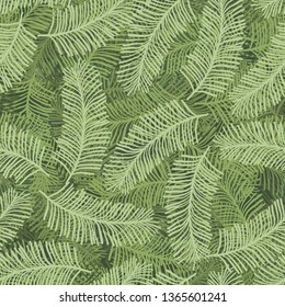 Christmas pattern with light and dark green coniferous branches. Cute doodle overlapping fir or pine twigs with needles texture for textile, wrapping paper, surface, wallpaper, background