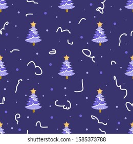 Christmas pattern with lilac Christmas trees and serpentine on a purple background. For textile, background, wrapping paper, fabric, Wallpaper.