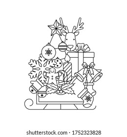 Christmas pattern in line style. Winter holiday symbol, new year card, design element for greetings or invitations. New Year poster, contour drawing for coloring.