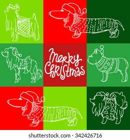 Christmas Christmas pattern with linear different breeds of dogs in Christmas caps and clothes with lettering. Merry Christmas. Vector stock graphics. Suitable for both postcard posters and print