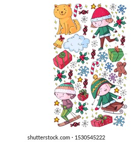 Christmas pattern with little children. Kids play and have fun during winter vacations.