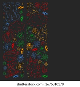Christmas pattern with little children. Kids play and have fun during winter vacations.