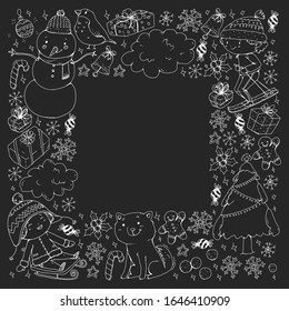 Christmas pattern with little children. Santa Claus and snowman. Ski, sledge, ice skating.