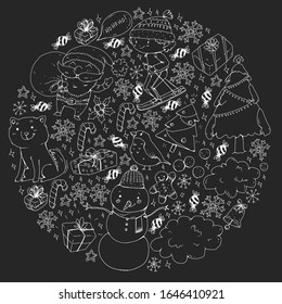 Christmas pattern with little children. Santa Claus and snowman. Ski, sledge, ice skating.