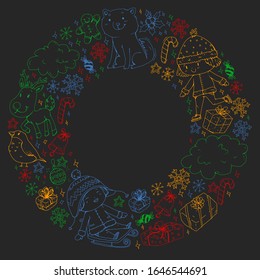 Christmas pattern with little children. Santa Claus and snowman. Ski, sledge, ice skating.