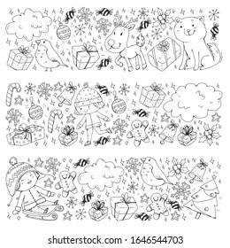 Christmas pattern with little children. Santa Claus and snowman. Ski, sledge, ice skating.