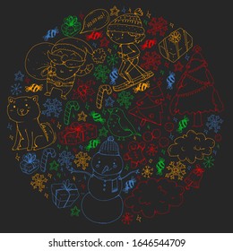 Christmas pattern with little children. Santa Claus and snowman. Ski, sledge, ice skating.