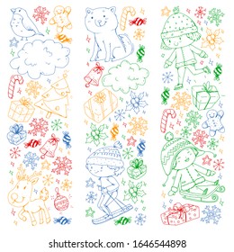 Christmas pattern with little children. Santa Claus and snowman. Ski, sledge, ice skating.