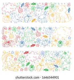 Christmas pattern with little children. Santa Claus and snowman. Ski, sledge, ice skating.