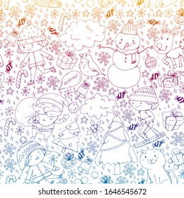 Christmas pattern with little children. Santa Claus and snowman. Ski, sledge, ice skating.