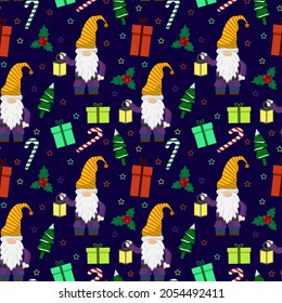 Patrón navideño con gnomos pequeños. Una linterna, una caña dulce, un árbol de Navidad y regalos son los atributos de la festividad. Ilustración vectorial. Para uso en impresiones, cubiertas y volantes, productos para bebés