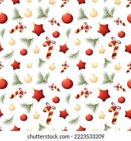 Weihnachtsmuster mit Lollipops, weißem und rotem Weihnachtsbaumspielzeug auf weißem Hintergrund