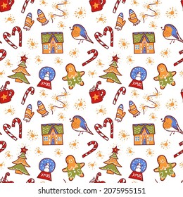 Christmas pattern with lots of elements. New Year, seamless pattern. Colorful xmas elements. Hand drawn vector illustration