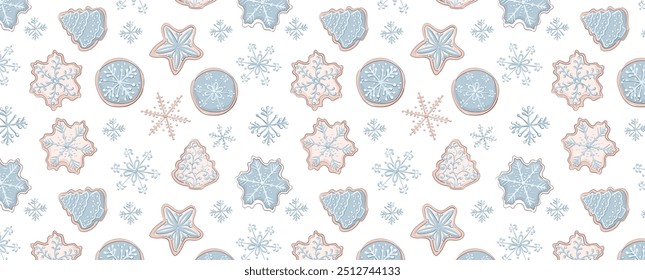 Padrão de Natal feito de flocos de neve e biscoitos de Natal. Vetor de Ano Novo Fundo sem emenda. Para banner, livreto, design, fundo, cartão postal, tecido, têxtil, vestuário.