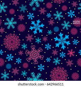 Christmas pattern made of snowflakes and dots, vector winter seamless background with snow, xmas design holiday illustration.