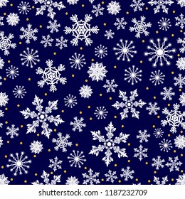 Weihnachtsmuster aus weißen Schneeflocken und goldenen Punkten, Vektor Winter nahtlos dunkelblauer Hintergrund mit Schnee, Weihnachtsdesign-Feriengrafik.