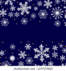 Weihnachtsmuster aus weißen Schneeflocken und goldenen Punkten, dunkelblauer Winterhintergrund mit Schnee, Weihnachtsdesign-Feriengrafik.