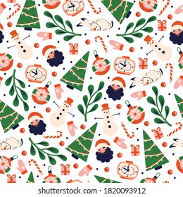 Christmas pattern with main elements of holiday. Winter drawing with Christmas tree, Santa Claus, white bunny, clock and other New Year items. Vector drawing decorative wallpaper for printing.