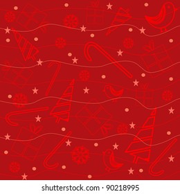 Christmas pattern with many Christmas trees and elements on red background for Christmas & Other occasions.