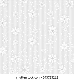 Christmas pattern with many white snowflakes on striped, white, gray background