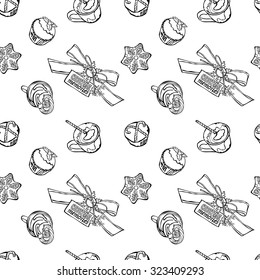 Christmas pattern. Christmas memories. Christmas sweets: cupcakes, hot chocolate and cookies. Christmas decorations. Vector seamless background (pattern). Winter pattern. Christmas coffee. Coffee. 