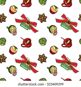 Christmas pattern. Christmas memories. Christmas sweets: cupcakes, hot chocolate and cookies. Christmas decorations. Vector seamless background (pattern). Winter pattern. Christmas coffee. Coffee. 