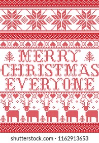 Christmas pattern Merry Christmas everyone  carol vector seamless pattern inspired by Nordic culture festive winter in cross stitch with heart, snowflake, snow ,Christmas tree,  reindeer, santa

