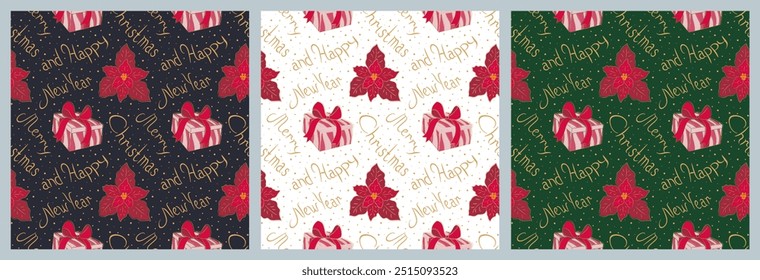 Christmas pattern with Merry Christmas and Happy New Year lettering, seamless background for holiday gifts, set.