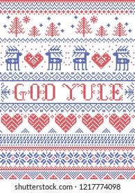 Christmas pattern Merry Christmas in Norwegian God Yule vector seamless pattern inspired by Nordic culture festive winter cross stitch with heart, snowflake, snow, Christmas tree,  reindeer red ,blue