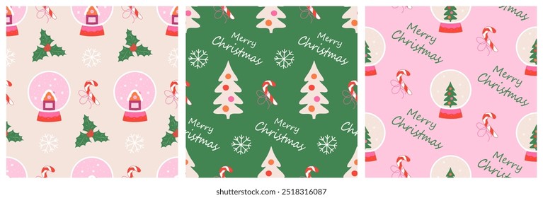 Christmas pattern with Merry Christmas typography, seamless background for holiday gifts, textiles and packaging, set. Vector illustration