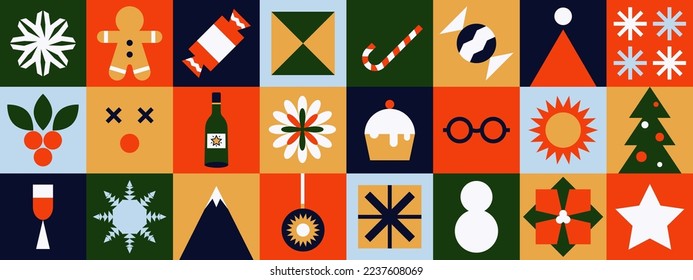 Patrón de Navidad. Elementos geométricos mínimos de mosaico, azulejos cuadrados ornamentales, formas simples, diseño de empaquetado de cajas de regalo. Fondo del vector