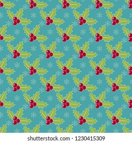 Christmas pattern with mistletoe and snowflakes, seamless vector illustration, vintage style