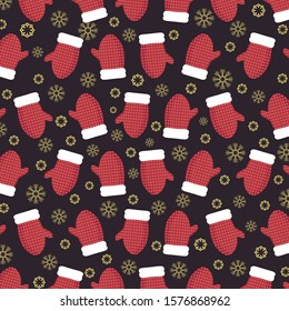 Christmas pattern with mittens and snowflakes. Christmas mittens pattern. Winter background