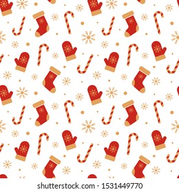 Christmas pattern with mittens, xmas socks, candy canes, snowflakes and snowballs on white background. Unique hand drawn winter design for greeting card, wrapping paper, fabric. Vector illustration.